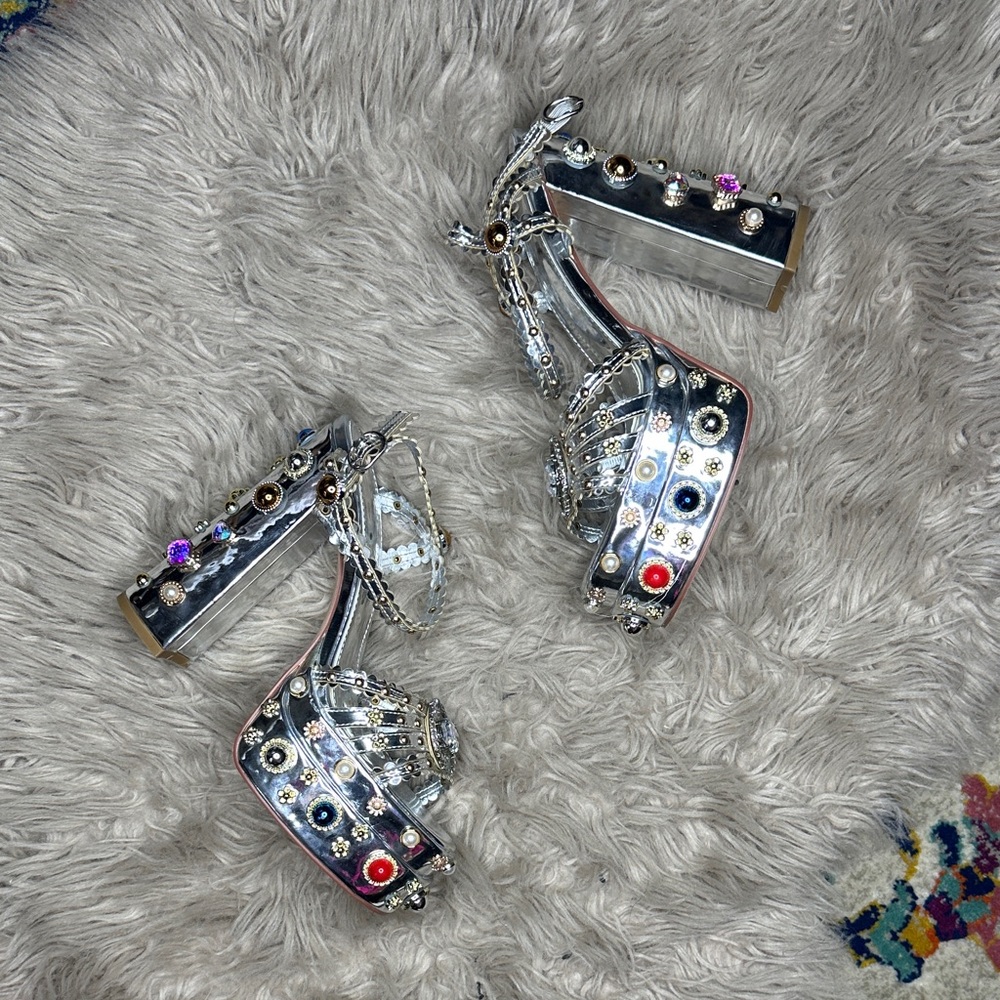Embellished Silver Platform Heels with Multicolor Gems - Women's - Picture 2 of 7
